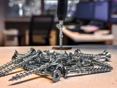 Schrauben liegen auf Werkbank, Bohrmaschine bereit &ndash; zeigt Vorbereitung zur Montage mit Befestigungstechnik